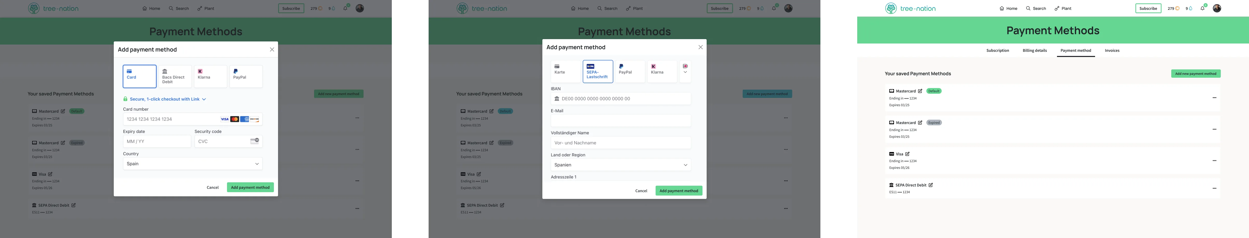 Add payment method: type selector with card and SEPA options