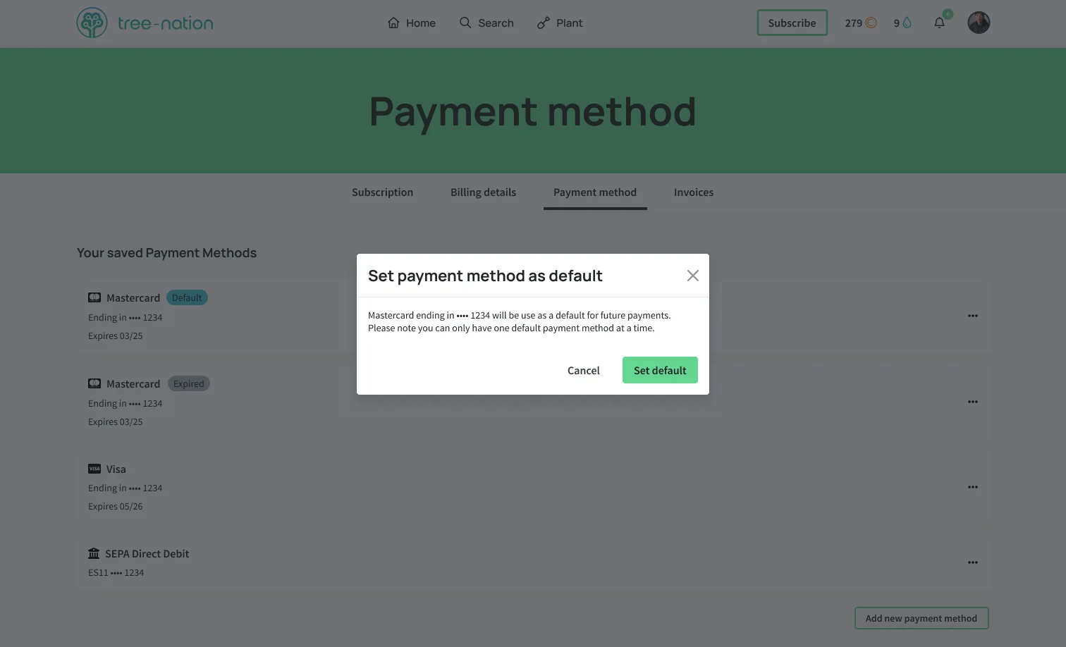 Delete blocked: card linked to active subscription