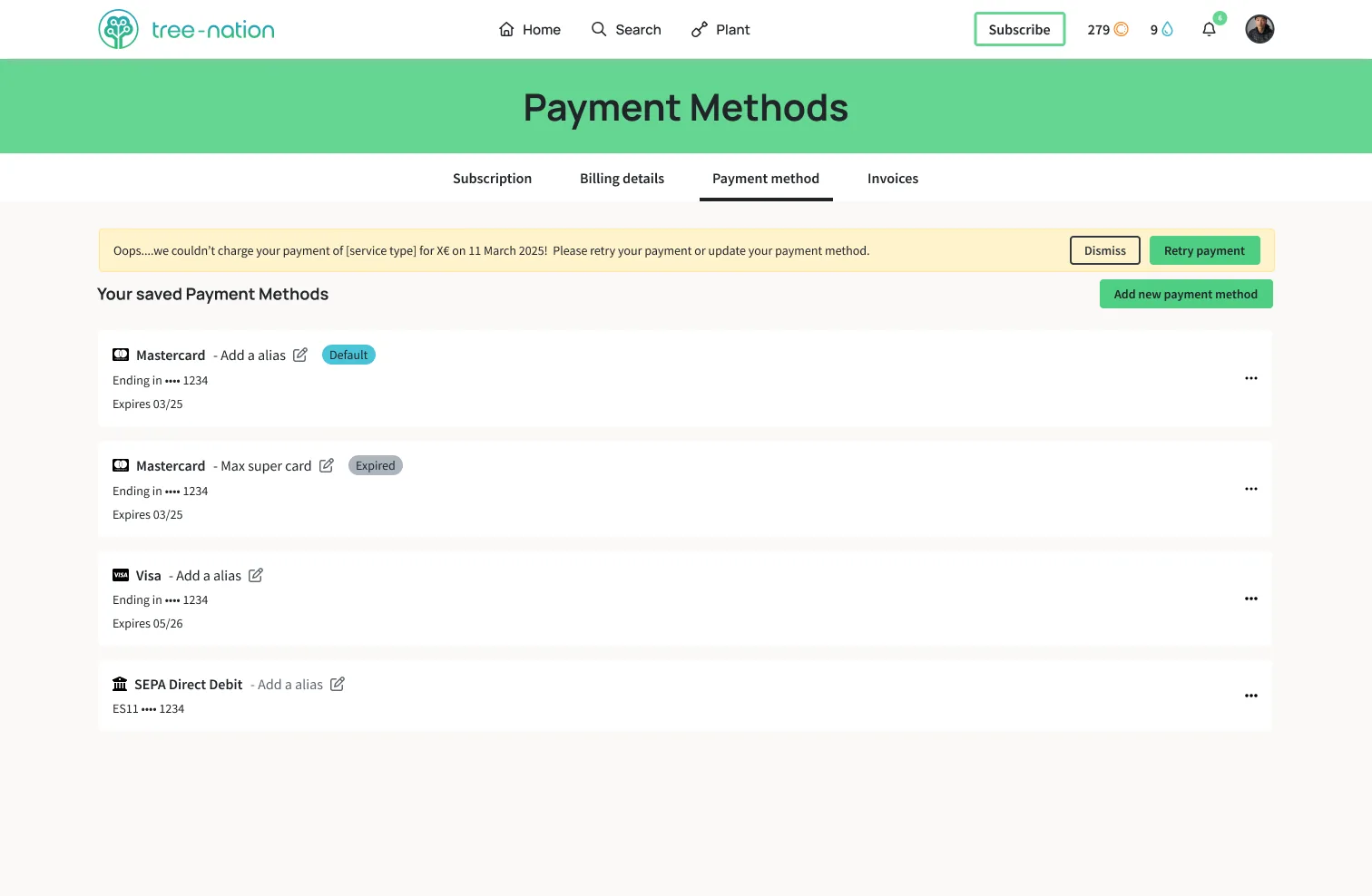 Failed payment state with inline error banner and retry CTA
