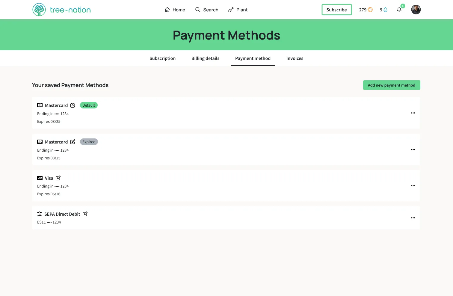 Payment methods list: multiple cards, status pills, aliases, default badge