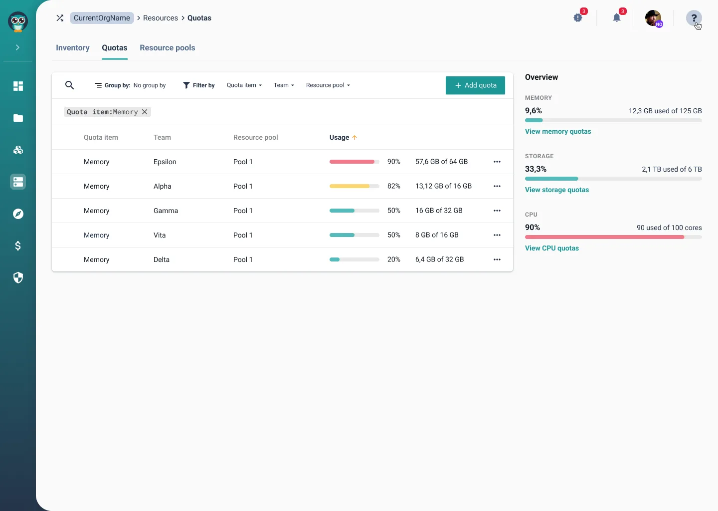 Quotas: list view with color-coded usage indicators
