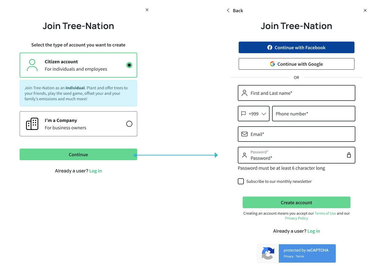 Iteration 1 registration form with account type surfaced first and added friction for company accounts