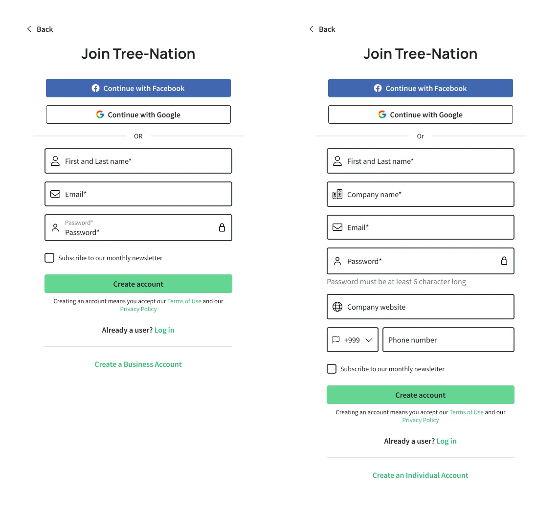 Iteration 2 registration form with Citizen as the primary path and business account as a tertiary CTA